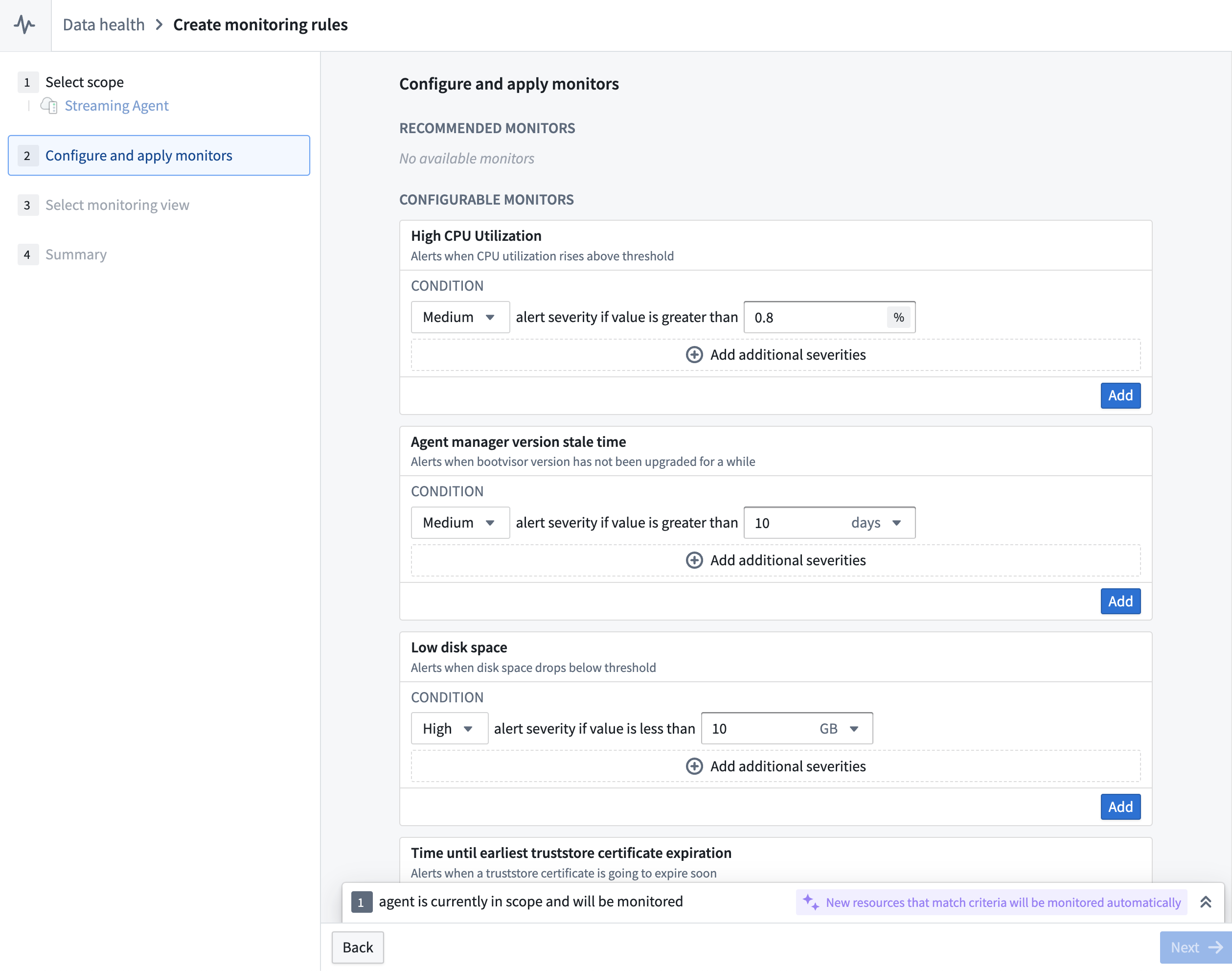 Data Health 애플리케이션의 모니터 설정 및 적용 페이지.